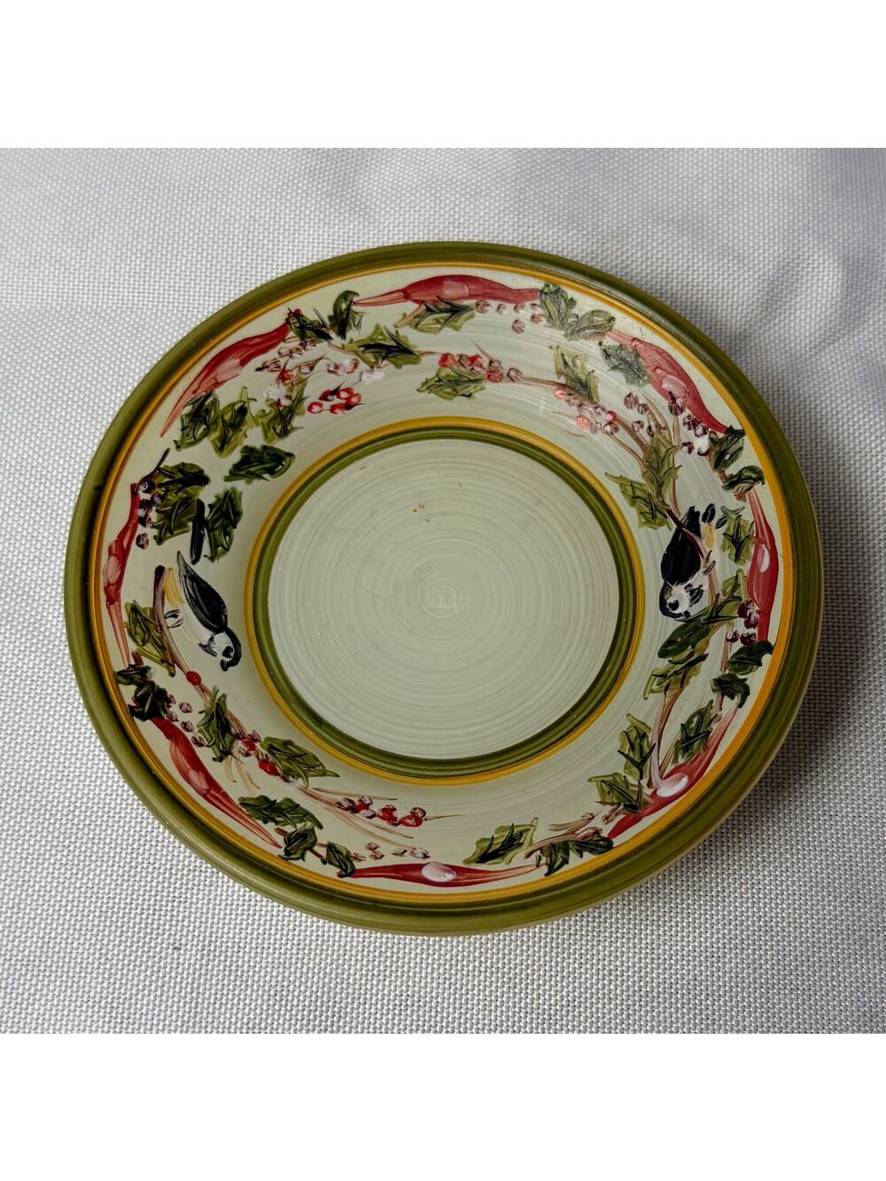 VTG Frosted Glass Dish Hand Painted Chickadees Holly Berries Red Green Christmas